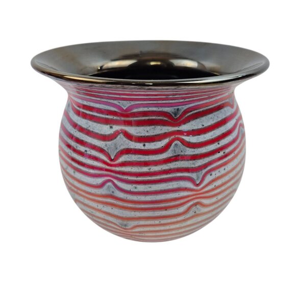 Other - Studio Art Glass Vase Red Ribbon Stripe Black interior Hand Blown Contemporary